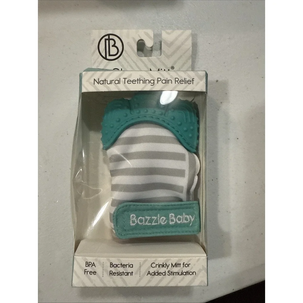 Bazzle Baby Chew Mitt Crinkle Teether green and Gray‎ NEW